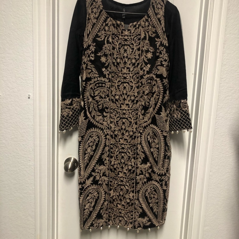 🌿Origins Gold Embroidered Pakistani Black KURTI